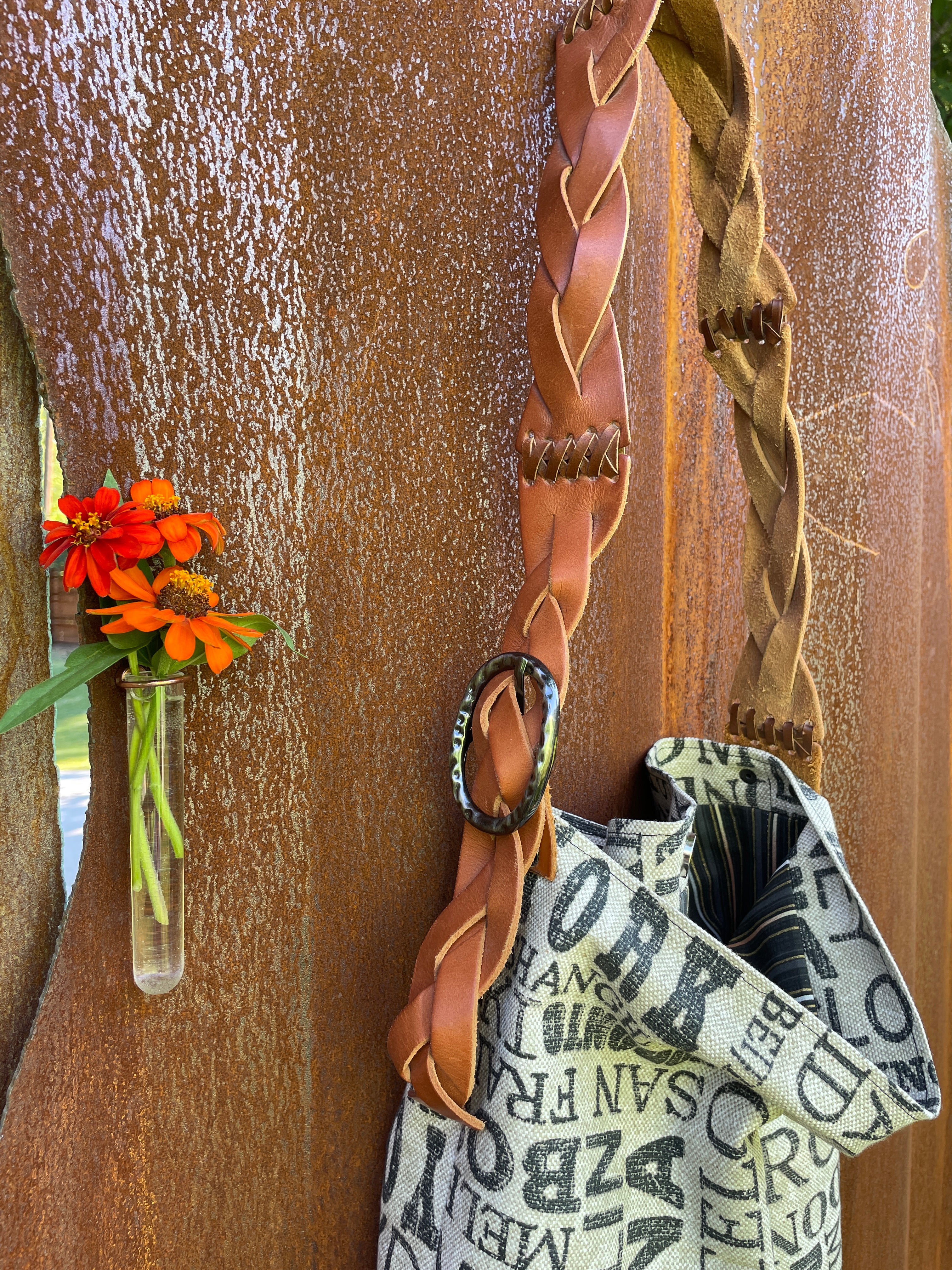 Canvas bag with repurposed leather braided belt strap